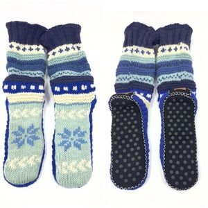 Tibetan Socks Hand Knit Wool Fleece Lined Long Slipper Socks Sz L Blue Fair Isle